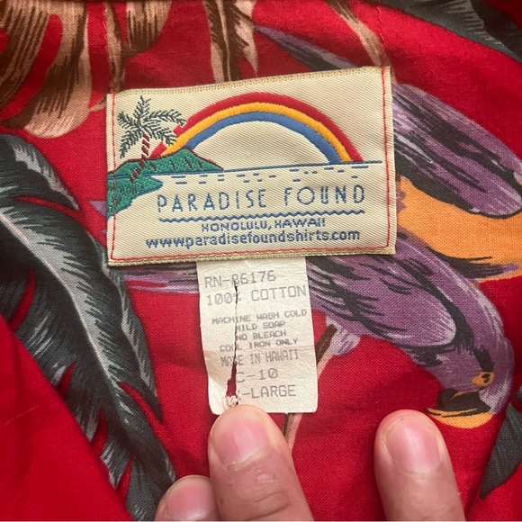 Paradise Found Shirt Mens XL Jungle Bird Red Hawaiian Parrot Magnum PI EUC - Picture 7 of 7